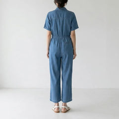 Short-Sleeve Button-Up Drawstring Denim Jumpsuit