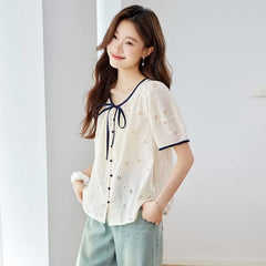 Short-Sleeve Flower Embroidered Bow Blouse