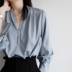 Long-Sleeve V-Neck Plain Faux Pearl Satin Blouse