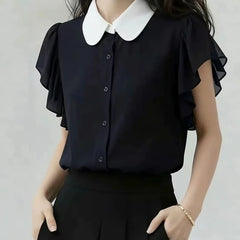 Short-Sleeve Two Tone Ruffle Shirt