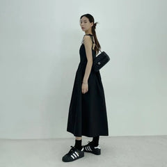 Sleeveless Square Neck Plain Bow Accent Midi A-Line Dress