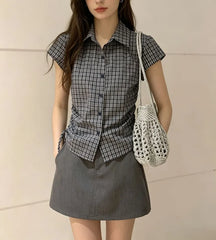 Short Sleeve Checked Side Drawstring Slim-Fit Shirt
