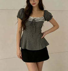 Puff Sleeve Square Neck Lace Panel Tie-Front Slim-Fit Top