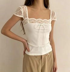 Short Sleeve Square-Neck Lace Panel Tie-Front Slim-Fit Top