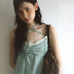 Spaghetti Strap Halter Beaded Panel Lace Mini A-Line Dress