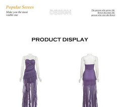 Strapless Sweetheart Neckline Plain Ruffle Trim Ruched Sheer Maxi Bodycon Dress