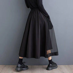 Elastic Waist Plain Large Pocket Zip Panel Mesh Midi A-Line Skirt
