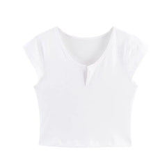 Cap-Sleeve Notch Neck Plain Cropped T-Shirt / Elastic Waist Skort