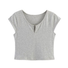 Cap-Sleeve Notch Neck Plain Cropped T-Shirt / Elastic Waist Skort