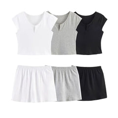 Cap-Sleeve Notch Neck Plain Cropped T-Shirt / Elastic Waist Skort
