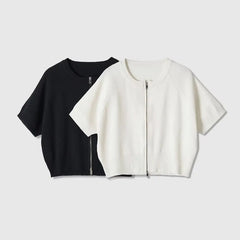 Short-Sleeve Round Neck Plain Zip Cardigan