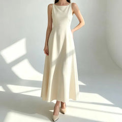 Spaghetti Strap Crew Neck Plain Maxi A-Line Dress