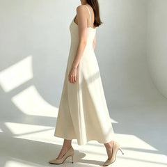 Spaghetti Strap Crew Neck Plain Maxi A-Line Dress