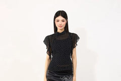 Set: Flutter Sleeve Stand Collar Dotted Chiffon Top + Camisole Top
