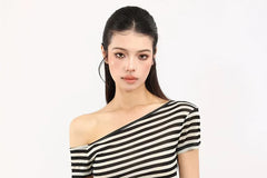 Short Sleeve One Shoulder Striped Cutout Tie-Up Top
