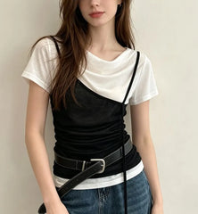 Short Sleeve Mock Two Piece Cowl Neck Color-Block Slim-Fit Top