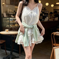 Spaghetti Strap V-Neck Plain Ruffle Panel Lace Mini A-Line Dress