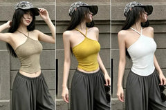 Halter Neck Plain Open Back Crop Top