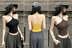 Halter Neck Plain Open Back Crop Top