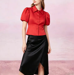 Puff Sleeve Spread Collar Plain Peplum top