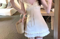 Sleeveless V-Neck Plain Lace Ruffle Trim Mini A-Line Dress