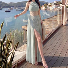 Sleeveless Mock Neck Plain Ruched Lace Panel Maxi Dress