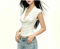Ruffle Sleeveless Cowl Neck Plain Chain Detail Crop Top