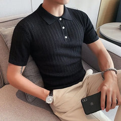Short-Sleeve Collar Plain Pointelle Knit Top