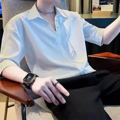 Elbow-Sleeve V-Neck Plain Shirt