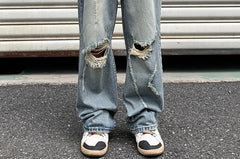 Mid Rise Washed Distressed Loose Fit Jeans