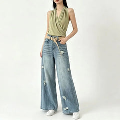 Halter V-Neck Plain Ruched Open Back Knit Top