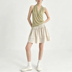 Halter V-Neck Plain Ruched Open Back Knit Top
