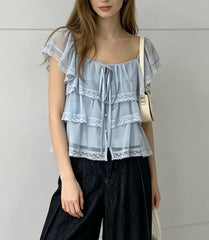 Cap Sleeve Square-Neck Tie-Front Lace-Trim Tiered Loose-Fit Blouse