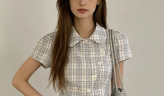 Short Sleeve Plaid Asymmetric Slim-Fit Shirt