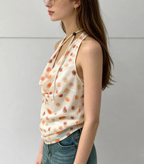Cowl Neck Polka Dot Sheer Slim-Fit Tank Top