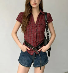 Short Sleeve V-Neck Plaid Slim-Fit Shirt / Polka Dot Shirt
