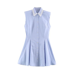 Sleeveless Plain Lace Trim Mini A-Line Shirt Dress