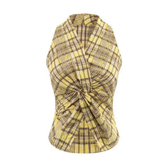Sleeveless V-Neck Plaid Knot Front-Slit Blouse