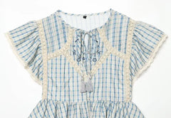 Short-Sleeve Plaid Lace Trim Asymmetrical Blouse