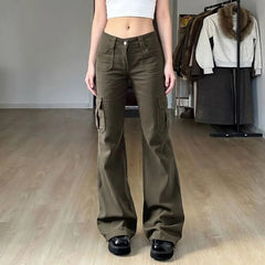 Low Waist Plain Pocket Slim-Fit Boot-Cut Cargo Pants