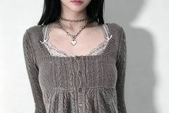 Long Sleeve Square-Neck Plain Cable-Knit Button-Up Loose-Fit Knit Top