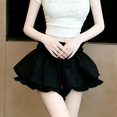 Drawstring Waist Plain Ruffle Mini A-Line Skort