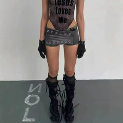 Low Waist Washed Asymmetric Denim Hot Pants