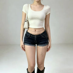 Low Rise Washed Denim Shorts