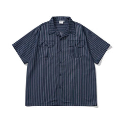 Oversized Striped Cuban-Collar Shirt with Dual-Pocket
