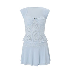 Set: Cap-Sleeve Sweetheart-Neckline Fishbone Lace Top + Mid Rise Mini A-Line Skirt