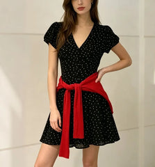 Puff Sleeve V-Neck Polka Dot Slim-Fit Mini A-Line Dress