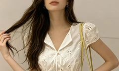 Puff Sleeve V-Neck Plaid Tie-Front Slim-Fit Blouse
