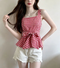 Square-Neck Gingham Tie-Waist Peplum Tank Top
