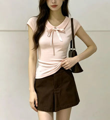 Cap Sleeve V-Neck Collared Ribbon Slim-Fit Top